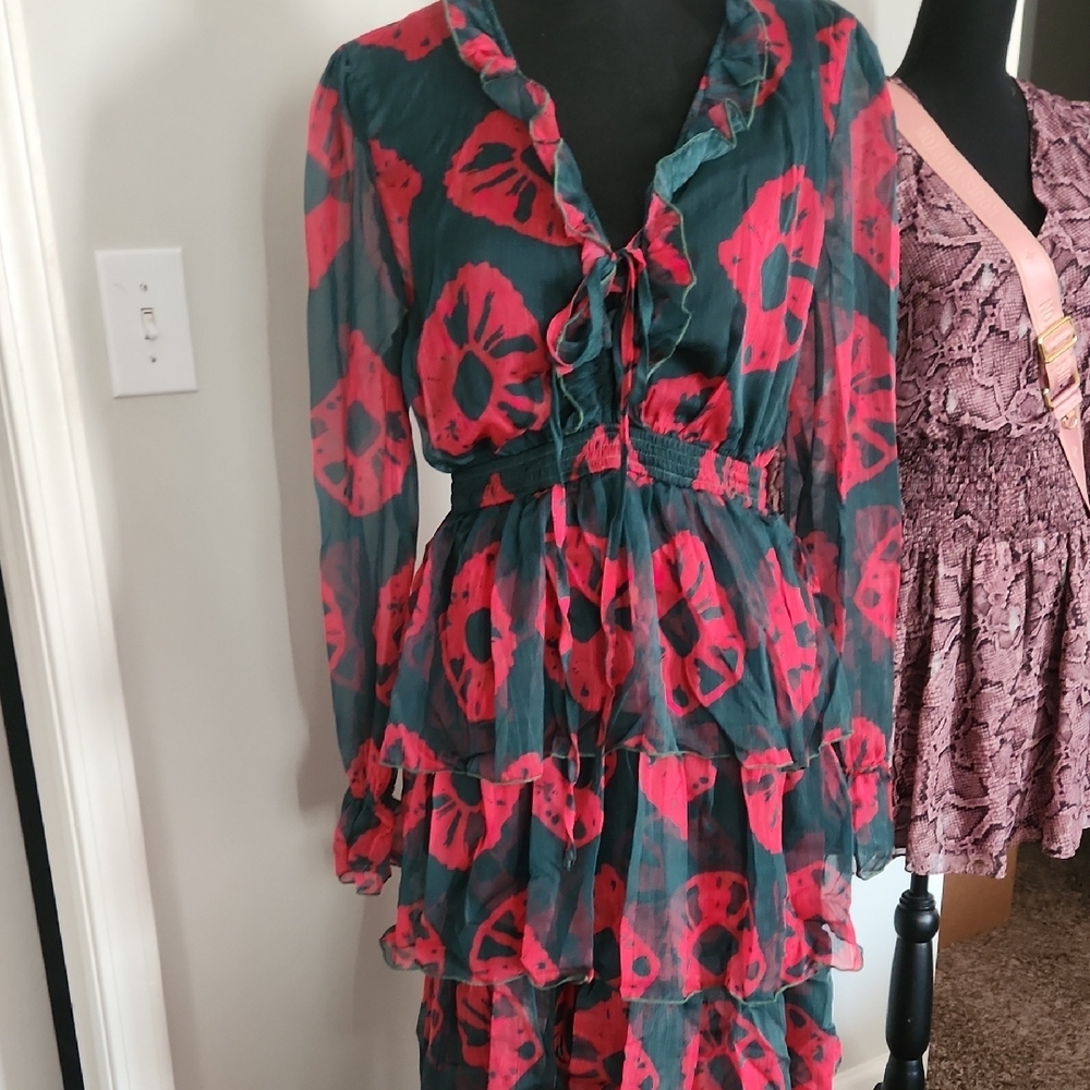 Floral Ruffle Dress in Red and Green